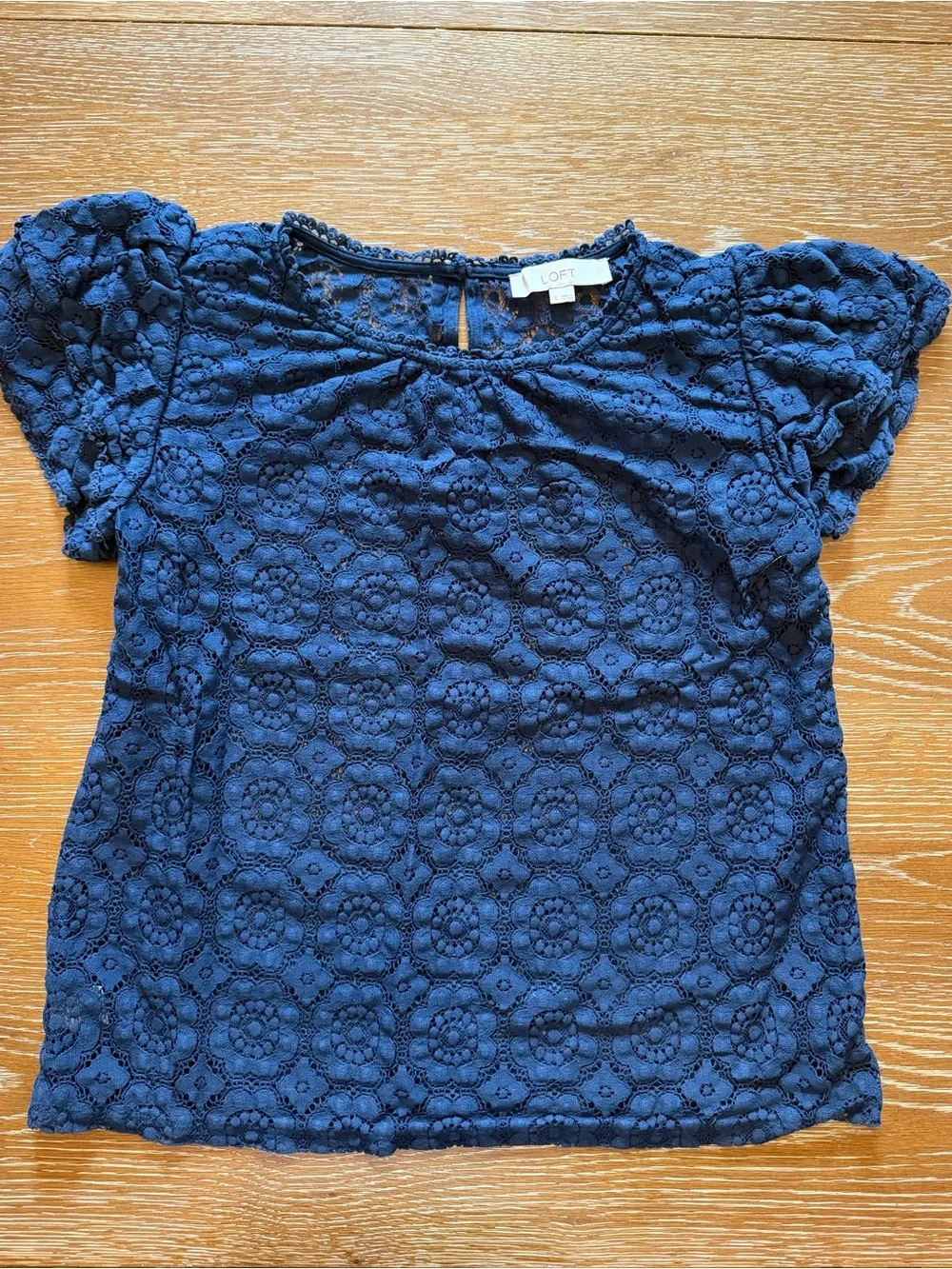 LOFT Navy Floral Lace Short-Sleeve Blouse